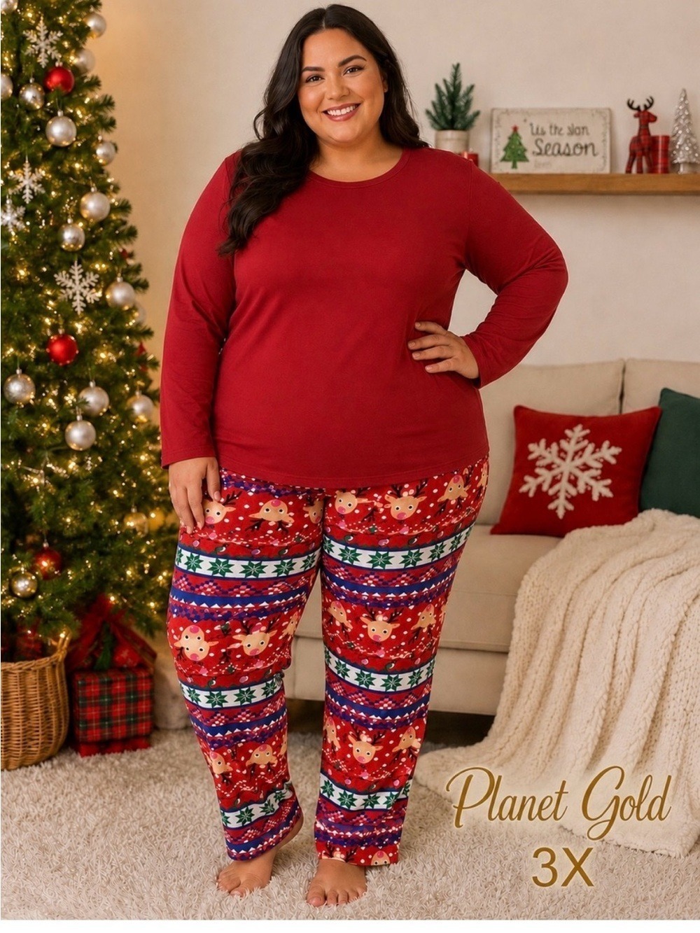 Planet Gold 3X Christmas Reindeer Holiday Leggings Red Stretch Plus Size